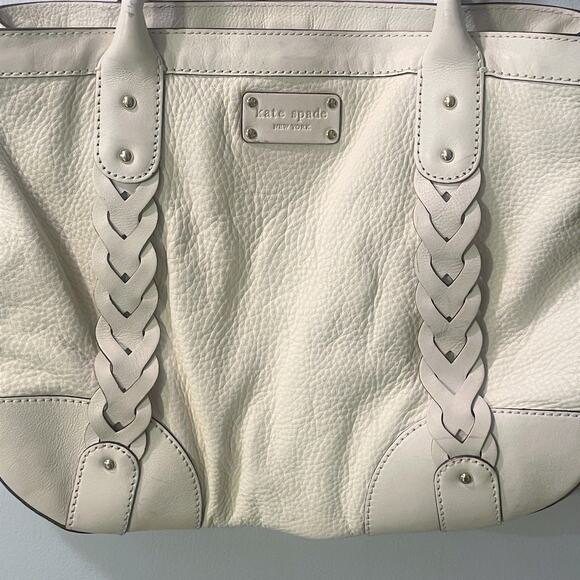 Kate Spade Ivory Large Leather Tote Bag Braided Accent Off-White Vintage Purse - Picture 2 of 16